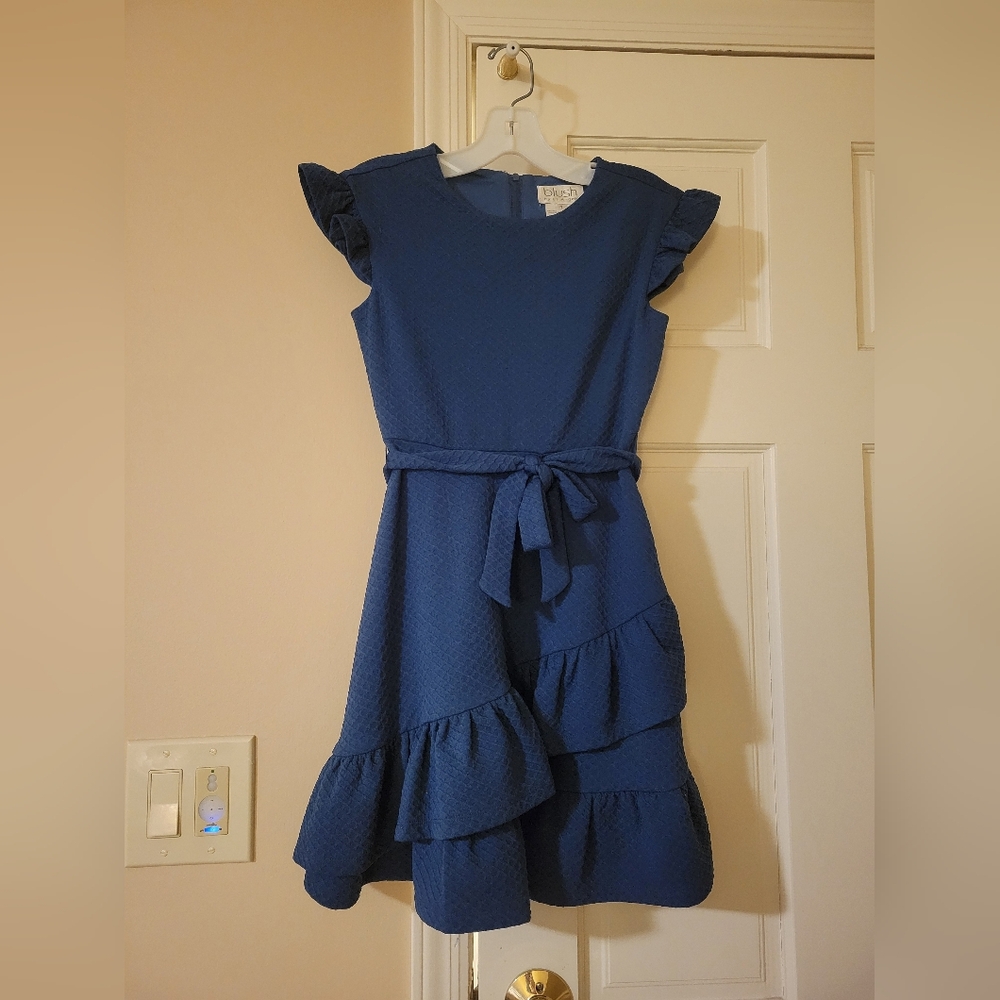 EUC Blush by Us Angels girls Elegant royal Blue Dress short sleeve size 7
